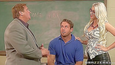 Slutty blonde teacher in stockings is having fun with a guy