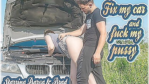 Brunette gets her car fixed and fucked in doggy style