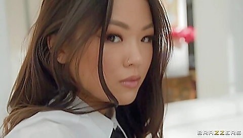 Hairy asian brunette teen gets her pussy whiplashed