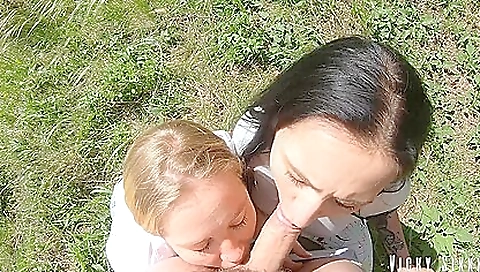 Crazy porn video of two girls in the woods swallows