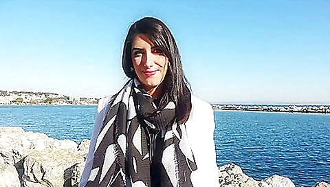 Busty brunette getting a nice facial in a funny position